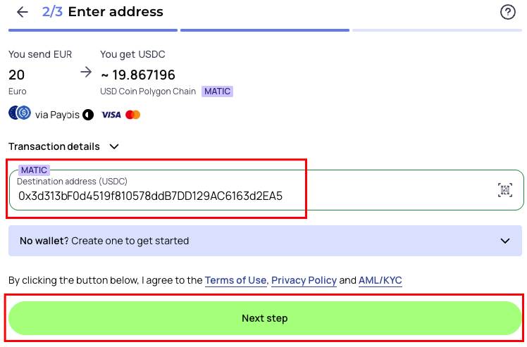 Paste the Merchant Wallet address at the indicated step.